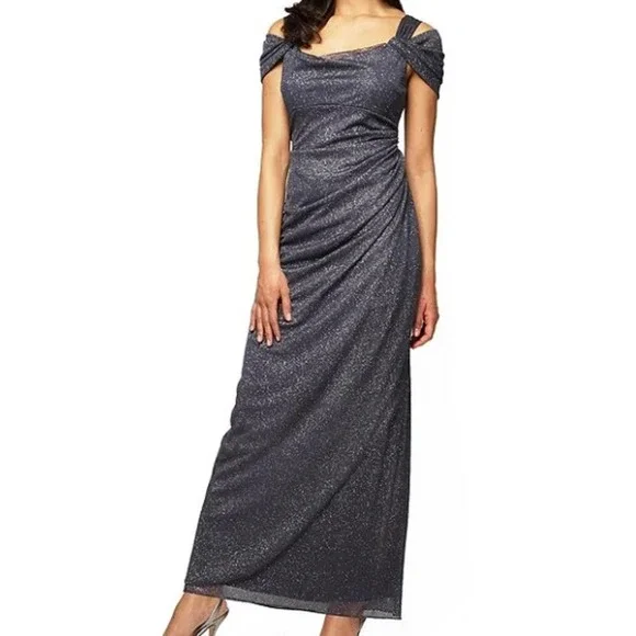 Alex Evenings Women's Petite Cold Shoulder Glitter Mesh Dress, Smoke 14P